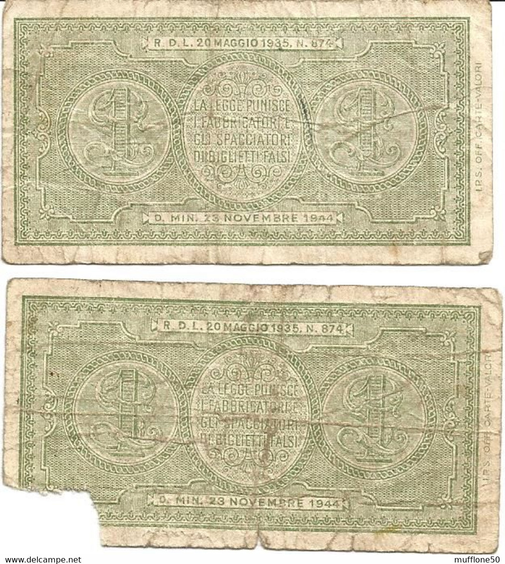 Italia 1944. N. 2 Banconote Da 1 Lira - Alla Seconda Manca L'angolo In Basso A Sinistra. - Regno D'Italia – 1 Lire