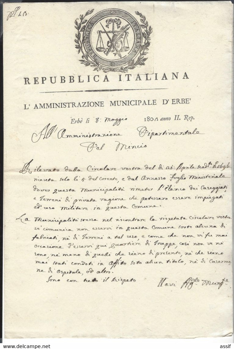 REPUBBLICA ITALIANA  Erbe 8 Maggio 1803 Administration Municipale à Admin. Départementale   Mincio - Documents Historiques