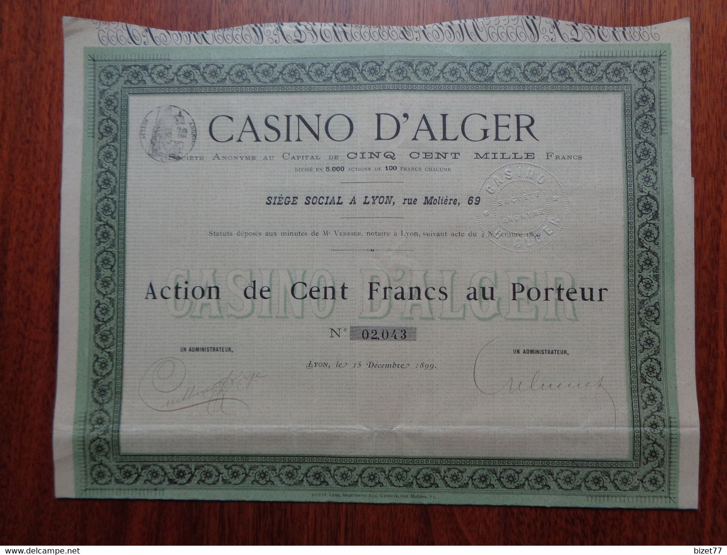 ALGERIE - CASINO D'ALGER - ACTION DE 500 FRS - LYON 1899 - Andere & Zonder Classificatie