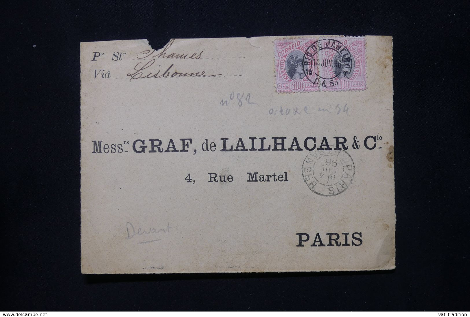 BRÉSIL - Devant D' Enveloppe De Rio De Janeiro Pour La France En 1896 Par Bateau Via Lisbonne - L 79924 - Storia Postale
