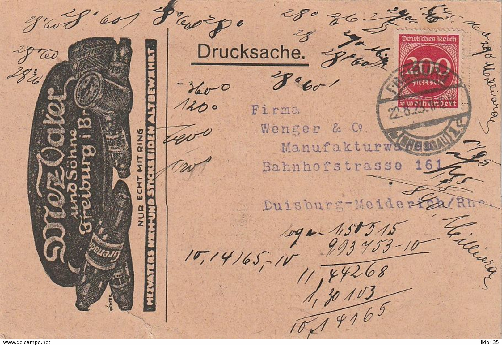 Deutsches Reich / 1923 / Drucksachen-Klappkarte Mit Zudruck "Naeh- Und Stickseiden" Ex Freiburg (D102) - Lettres & Documents