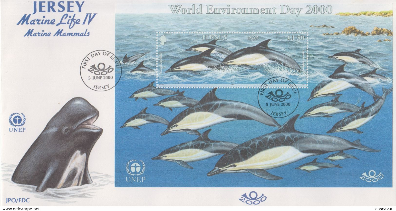 Enveloppe  FDC  1er  Jour    JERSEY   Bloc  Feuillet    Dauphins    2000 - Delfine