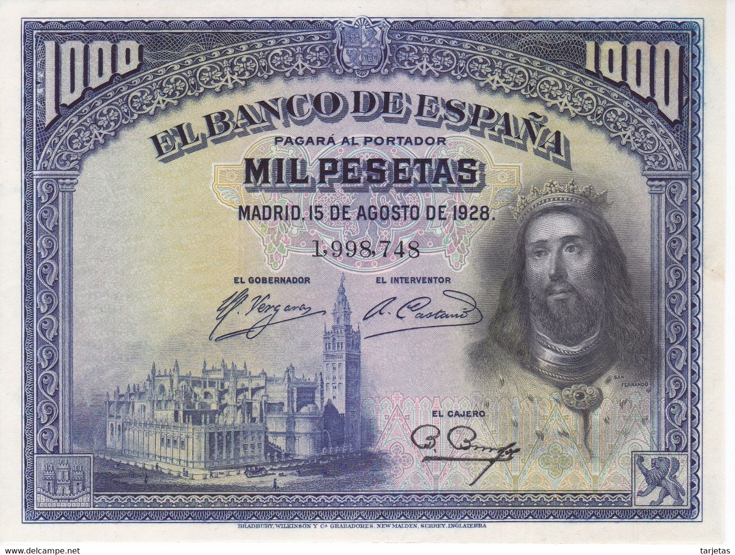 BILLETE DE ESPAÑA DE 1000 PTAS DEL AÑO 1928 DE SAN FERNANDO SIN CIRCULAR (UNCIRCULATED)  (BANKNOTE) - 1000 Pesetas