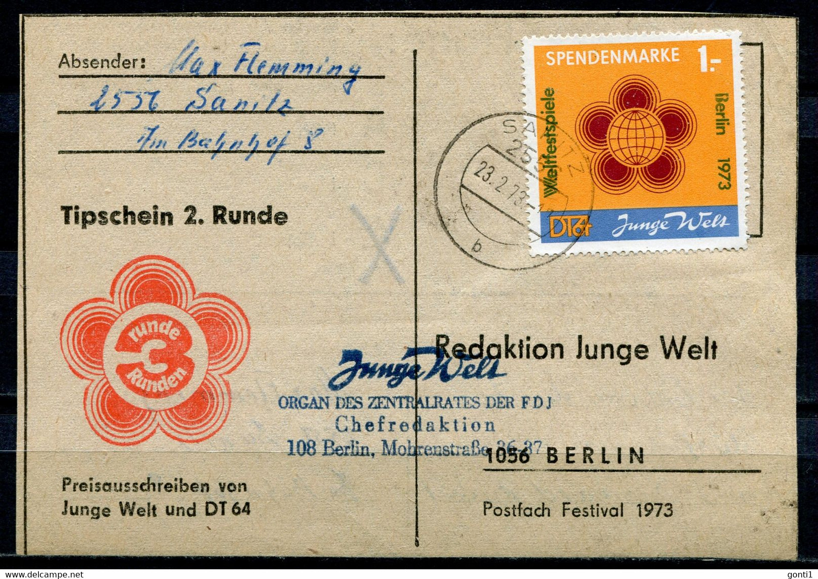 DDR 1973 Seltene Tipscheinkarte Junge Welt/DT 64 Mit Spendenmarke Mi.Nr.1"roter Aufdruck,dünnes Papier." 1 Karte Used - Altri & Non Classificati