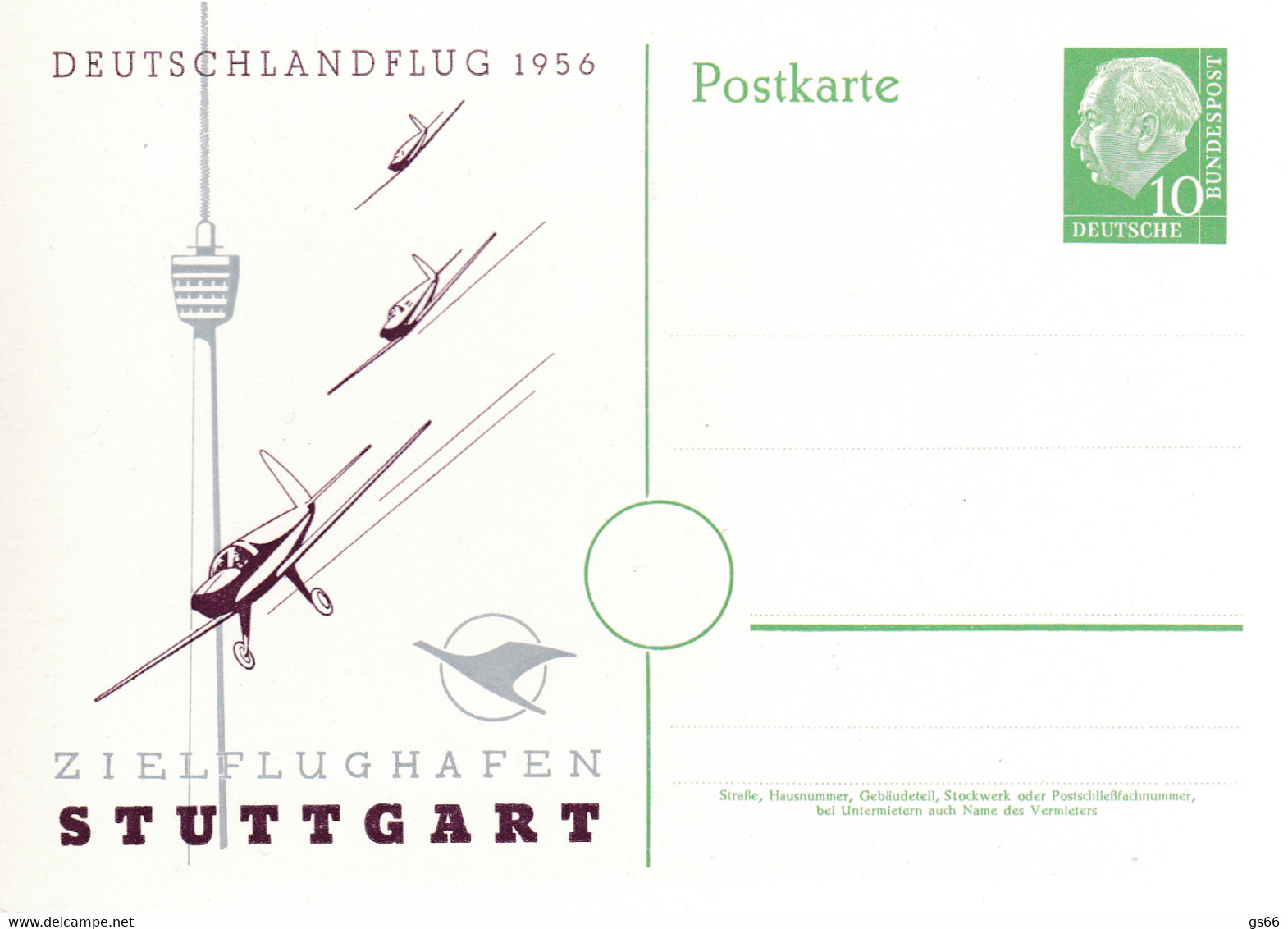 BRD, PP 008 C2/001a, Heuss 10, Deutschlandflug 1956, Zielflughafen Stuttgart - Private Postcards - Mint