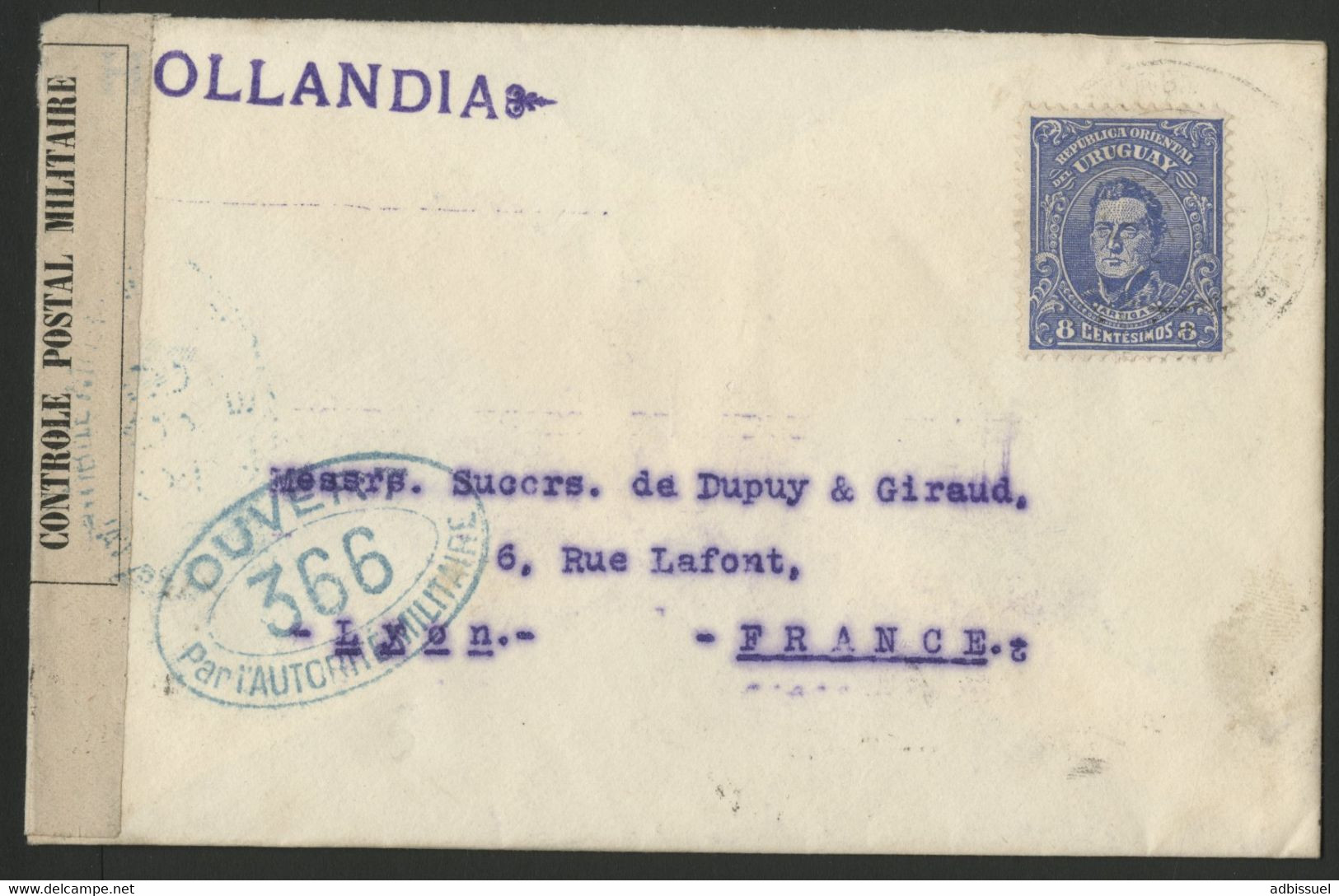 URUGUAY Pli Maritime En 1916 Pour Lyon Par Le Paquebot Hollandais "HOLLANDIA" + Censure Française (voir Description) - Uruguay
