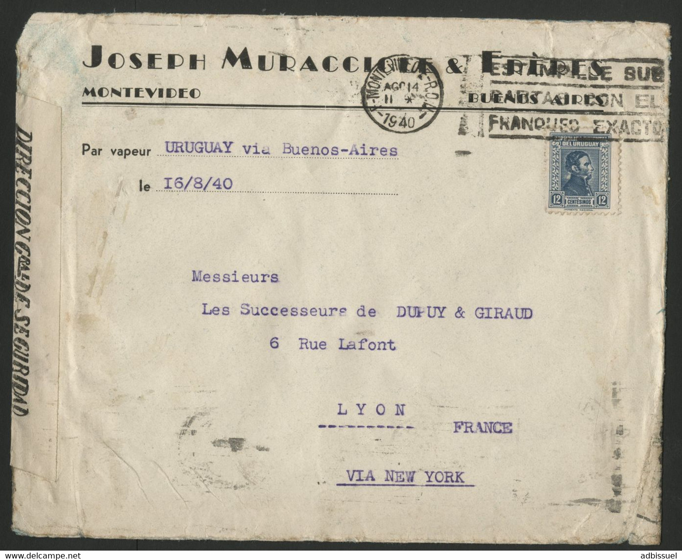 URUGUAY Pli Maritime En Août 1940 Pour Lyon Par Le Steamer URUGUAY VIA NEW YORK Et MADRID + Censure  (voir Description) - Uruguay