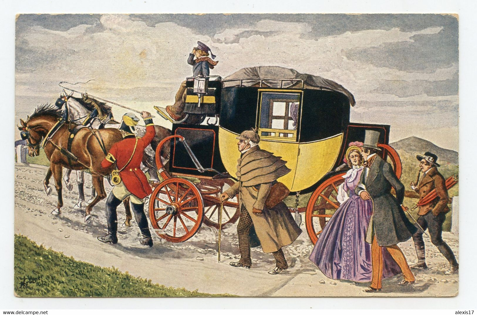 Voiture Hippomobile. Personnes En Costume D'époque.dilligence En Montagne,chevaux. - Pferde