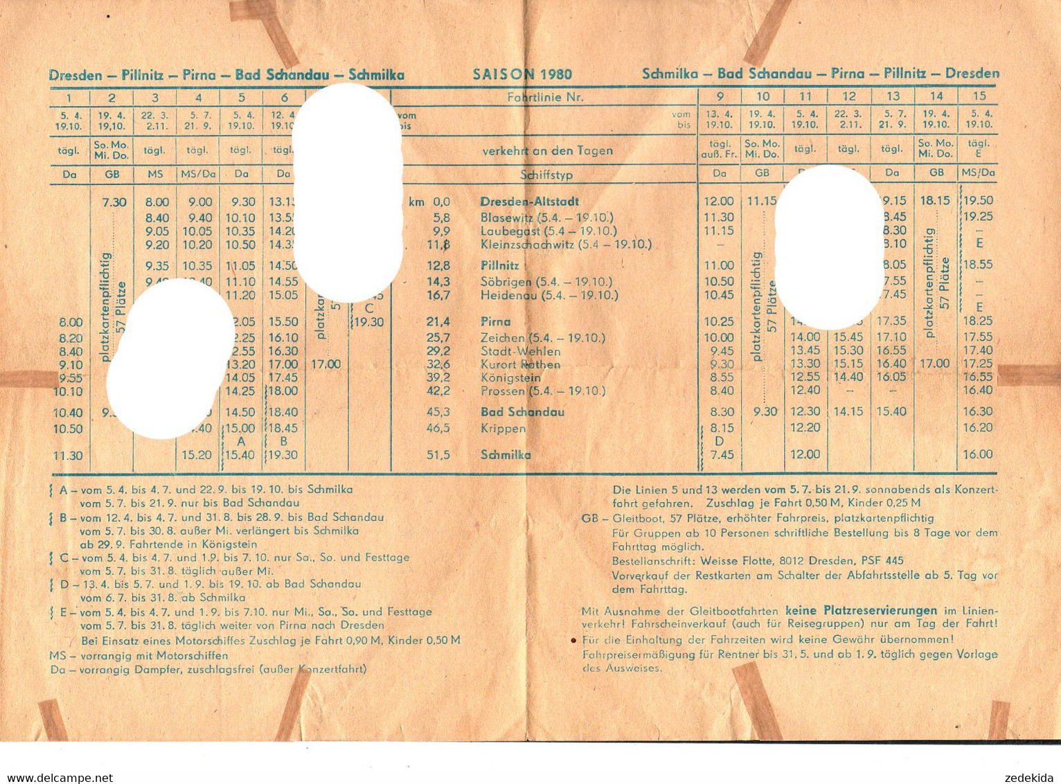 E4743 - Weiße Flotte DDR Fahrgatsschifffahrt Dresden - Fahrplan Elbeschifffahrt - Europa