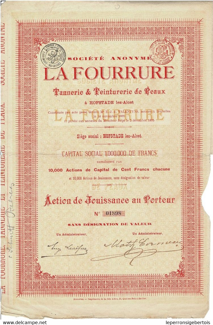Titre Ancien - - Société Anonyme La Fourrure - Tannerie & Teinturerie De Peaux -Titre De 1895 - - Textile