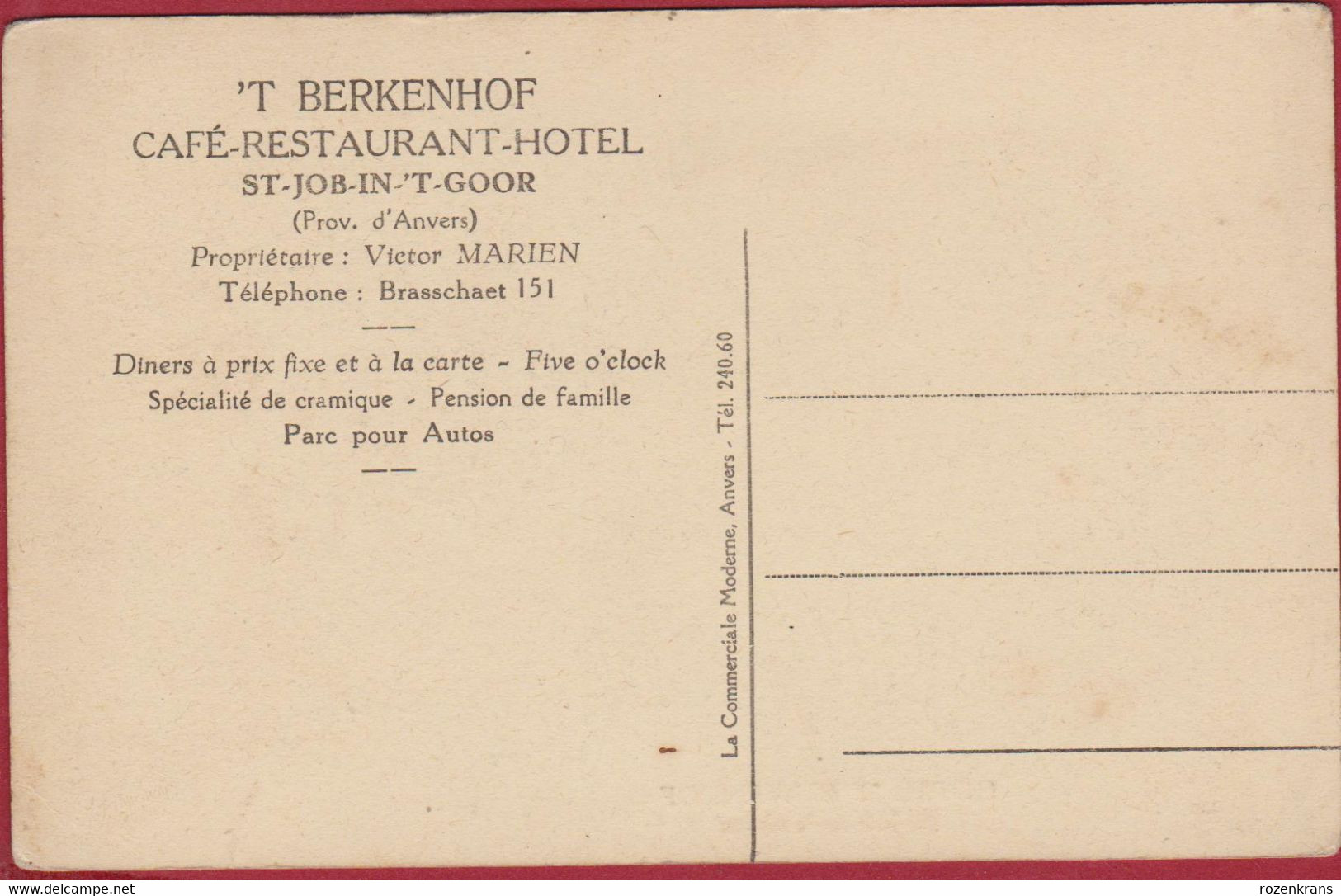 St Sint Job In 't Goor Brecht Hotel 't Berkenhof Pension De Famille Antwerpse Kempen (In Goede Staat) - Brecht