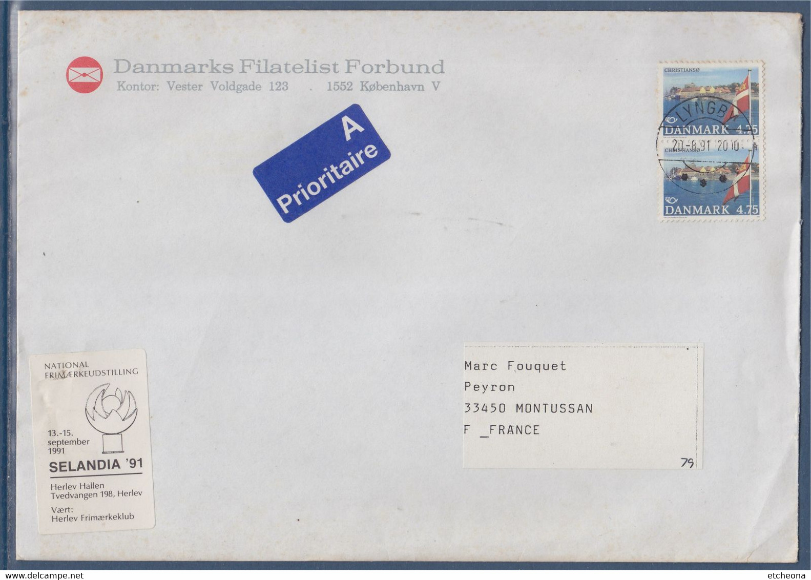 Danmark Enveloppe Prioritaire 2 Timbres Lyngby 20.08.91 Christiansø Selandia 91 Exposition Nationale De Timbre Danemark - Máquinas Franqueo (EMA)