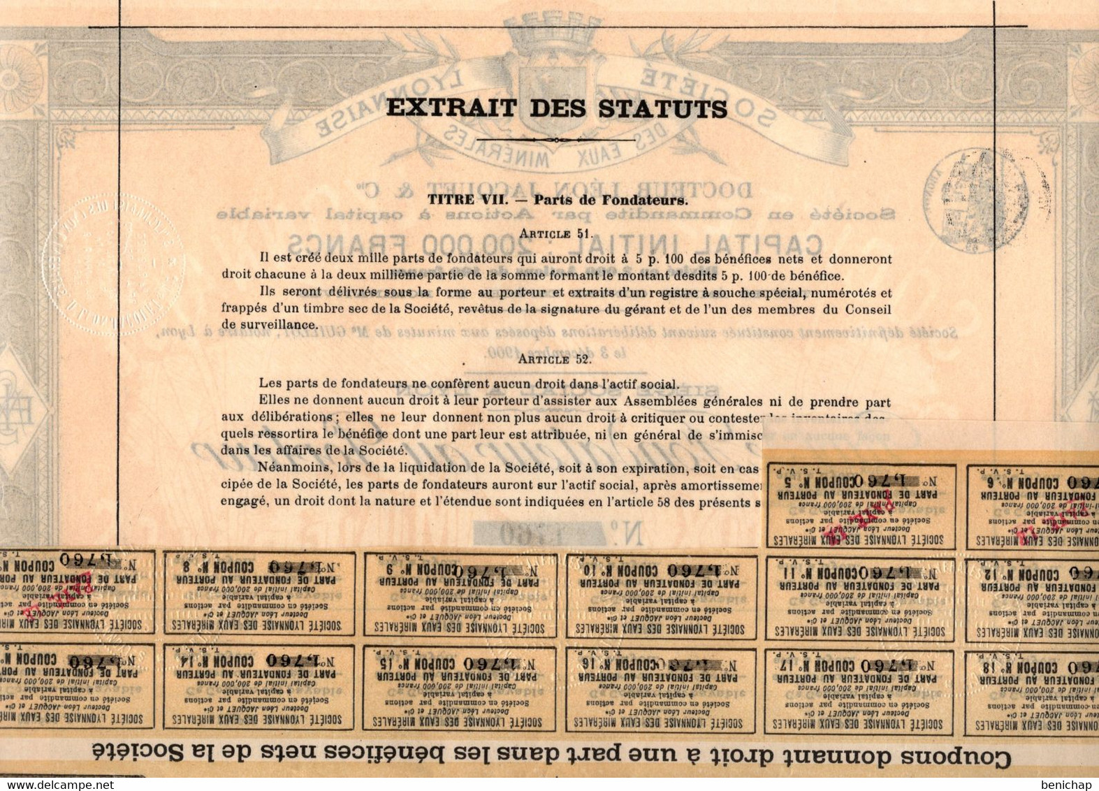 Part De Fondateur Au Porteur -  Société Lyonnaise Des Eaux Minérales - Docteur Léon Jacquet & Cie - Lyon 1901. - Eau