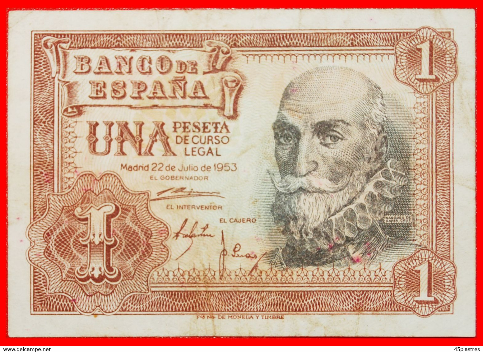 • ALVARO DE BAZAN (1526-1588): SPAIN ★ 1 PESETA 1953 SHIP CRISP! LOW START ★ NO RESERVE! - 1-2 Pesetas