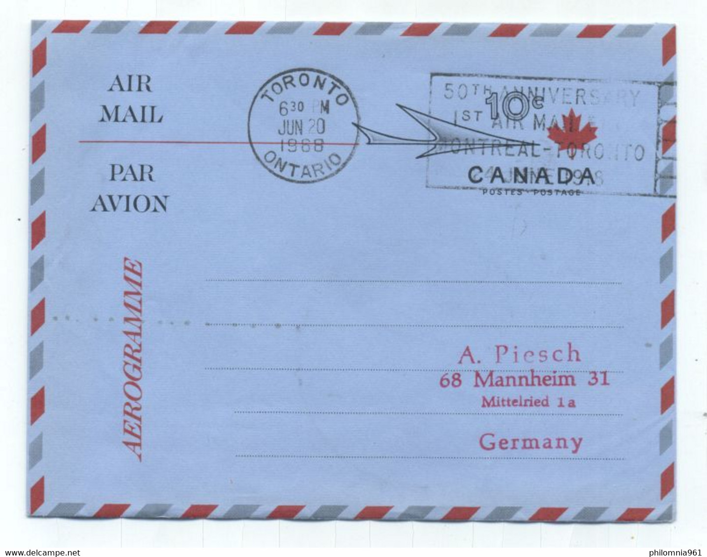 Canada 50th ANNIVERSARY 1st AIRMAIL MONTREAL-TORONTO AEROGRAMME 1968 - Premiers Vols