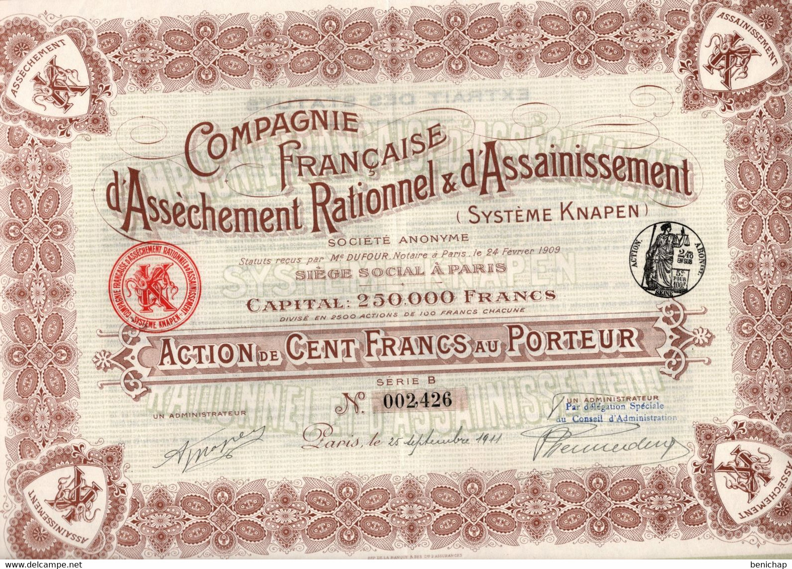 Action De 100 Frcs Au Porteur - Compagnie Française D'Assèchement Rationnel & D'Assainissement Knapen - Paris 1911 - Wasser