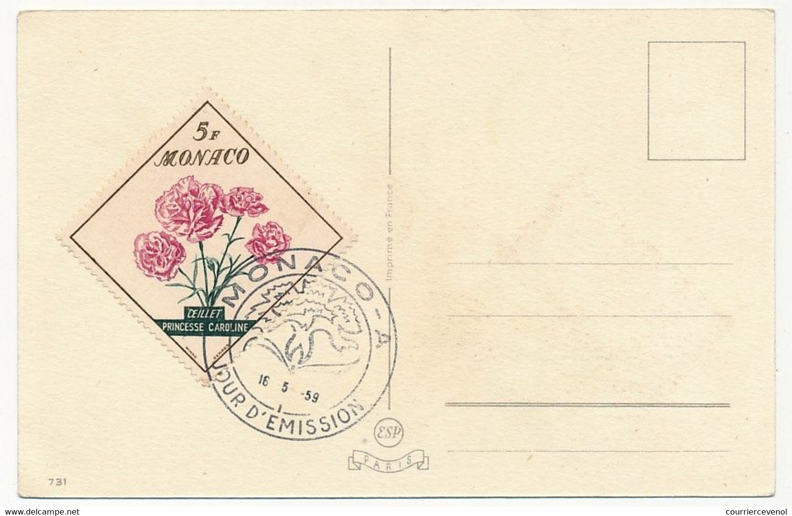 MONACO - 2 Cartes Maximum - 10F Oeillet Princesse Grace - 16/5/1959 - Maximumkaarten