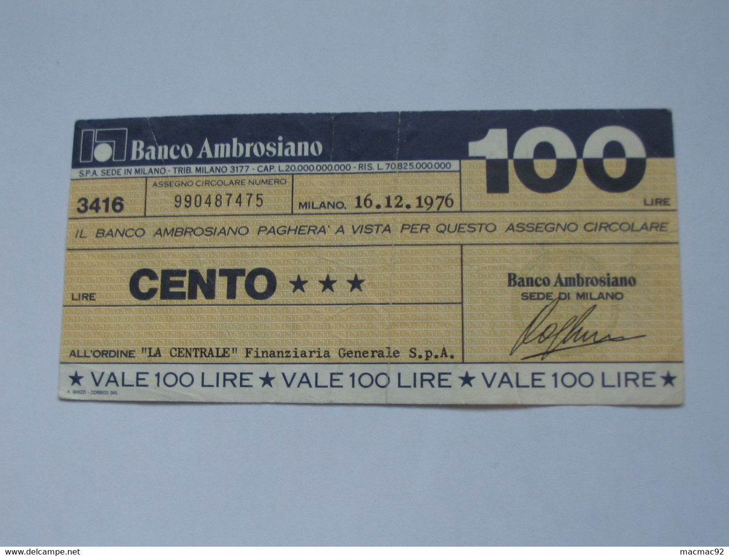 ITALIE - 100 Lire - Banco AMBROSIANO **** EN ACHAT IMMEDIAT **** - 100 Lire