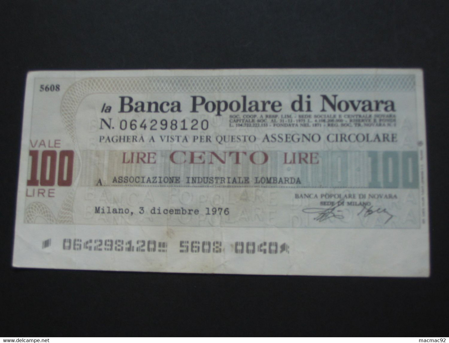 ITALIE - 100 Cento Lire- La Banca Popolare Di Novara   **** EN ACHAT IMMEDIAT **** - 100 Lire
