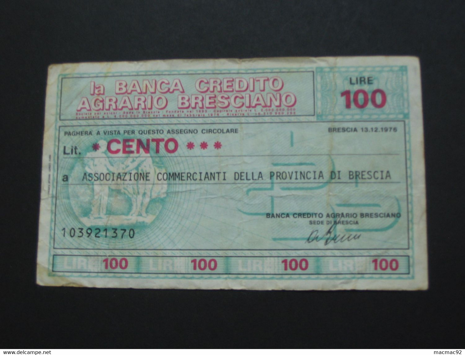 ITALIE - 100 Cento Lire - La Banca Credito Agrario Bresciano    **** EN ACHAT IMMEDIAT **** - 100 Liras