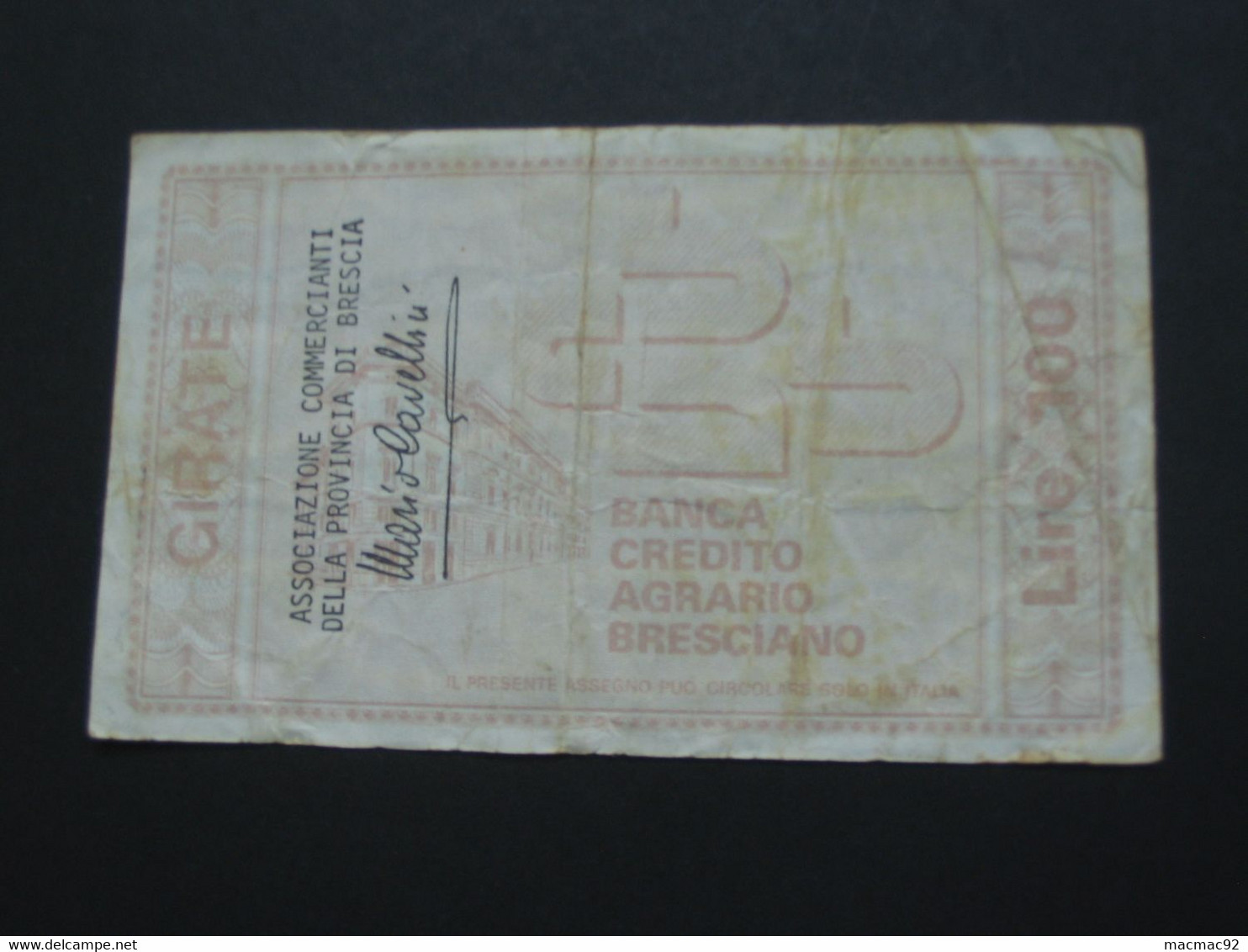 ITALIE - 100 Cento Lire - La Banca Credito Agrario Bresciano    **** EN ACHAT IMMEDIAT **** - 100 Liras