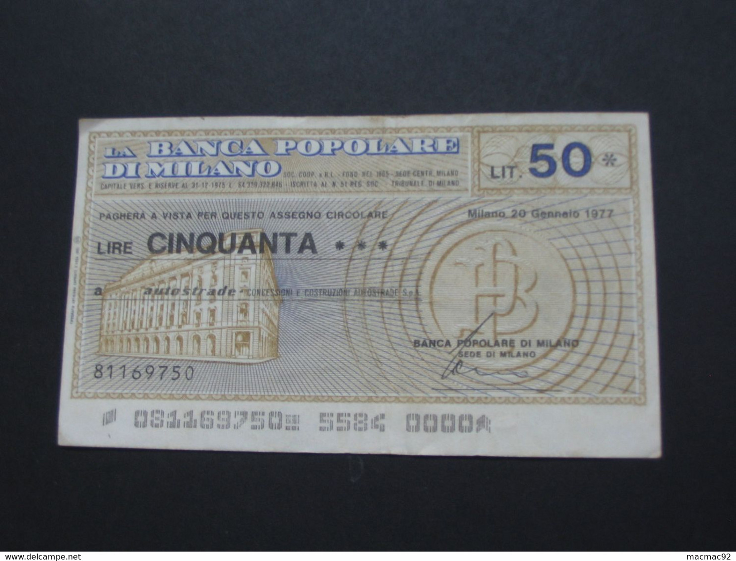 ITALIE - 50 Cinquanta Lire - La Banca Popolare De Milano    **** EN ACHAT IMMEDIAT **** - 50 Lire