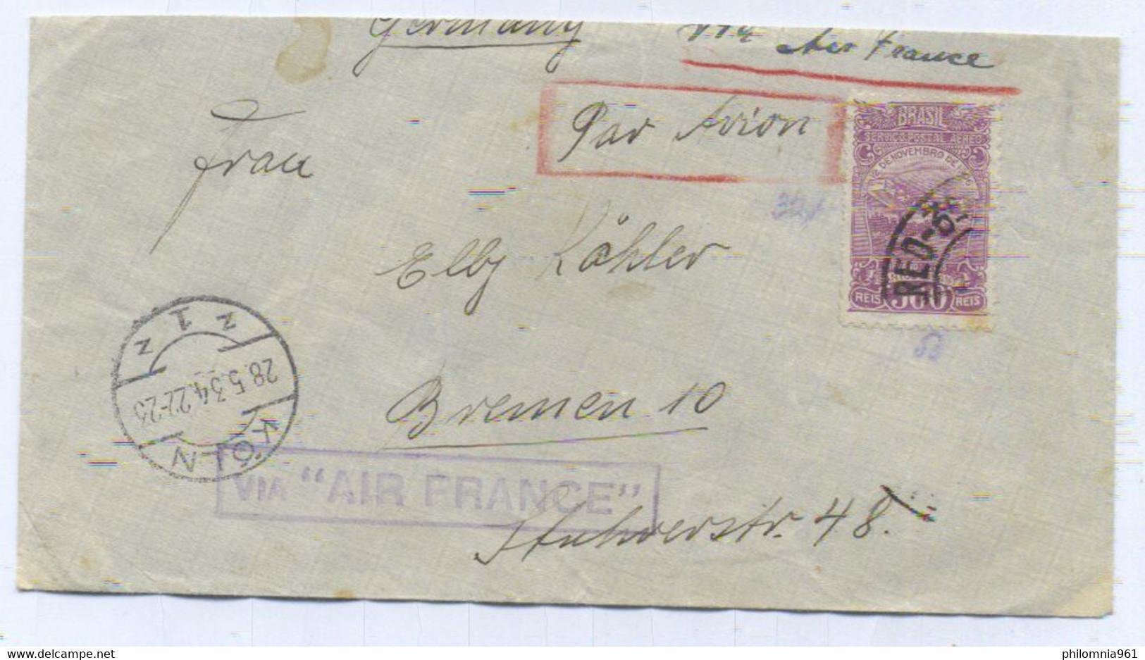 Brazil AIR FRANCE RIO RED PMK AIRMAIL COVER TO Koln Germany 1934 - Airmail (Private Companies)