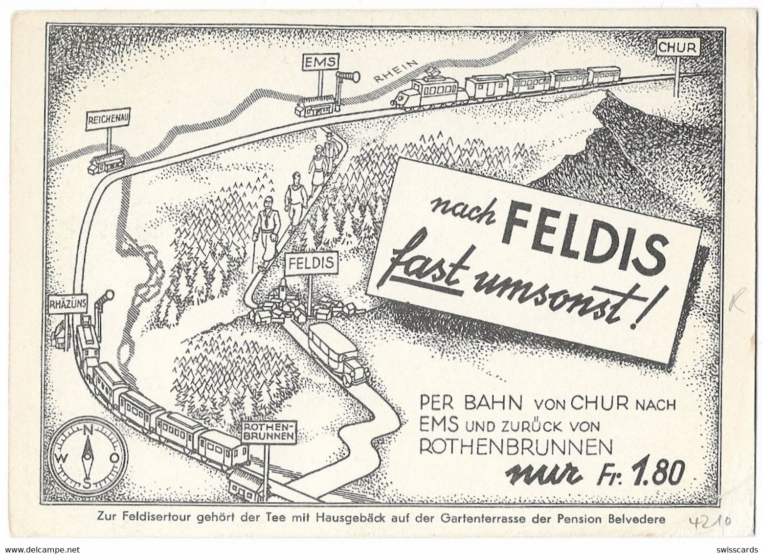 FELDIS: Werbe-AK ~1950, Mit Dem Zug Von Rothenbrunnen Fast Umsonst... - Feldis/Veulden