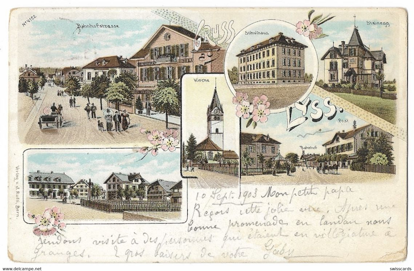 Gruss Aus LYSS: 6-Bild-Litho Mit Bahnhof, Post, Kutschen, Restaurant... 1903 - Lyss