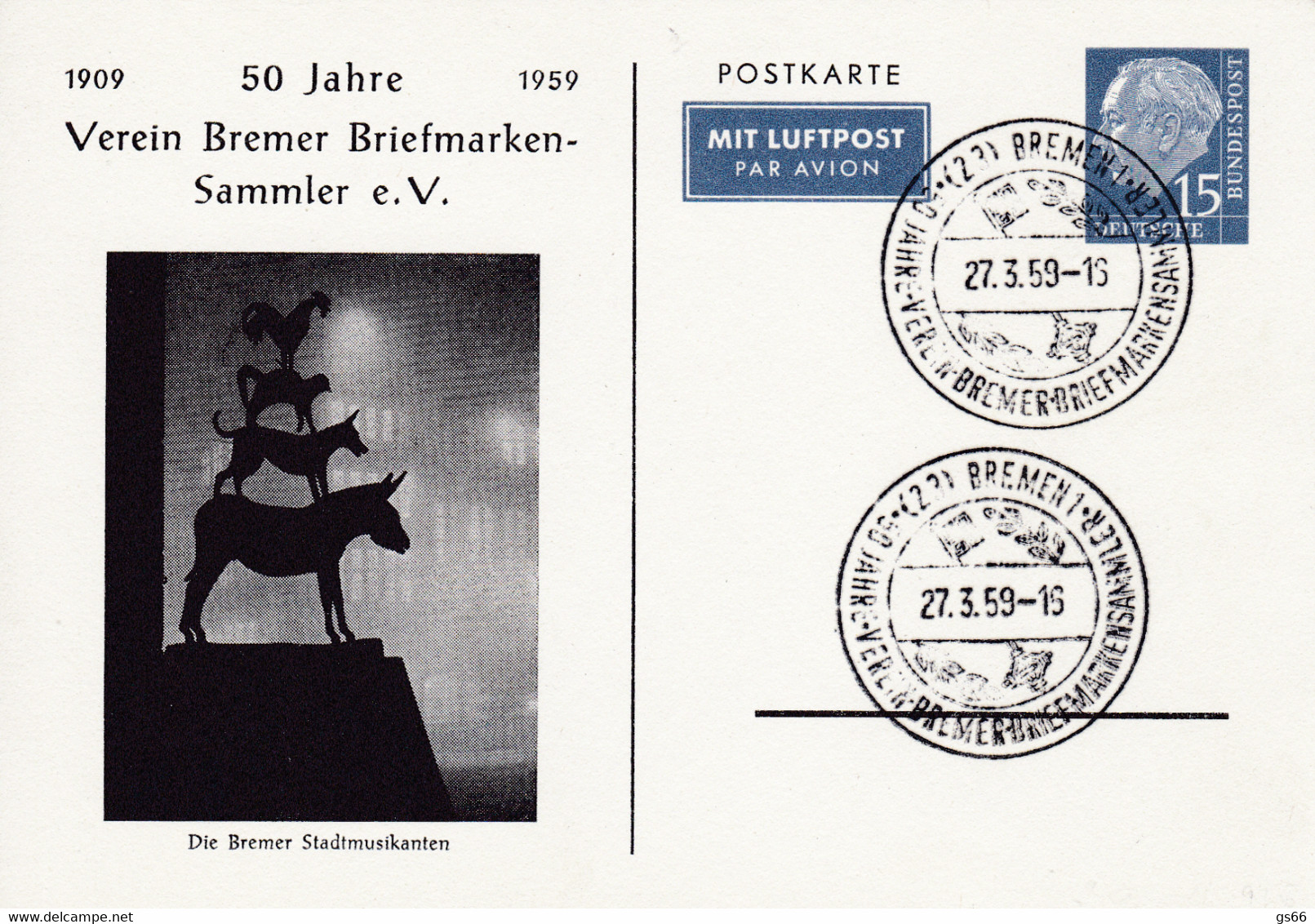 BRD, PP 009 C2/001, Heuss 15, Die Bremer Stadtmusikanten. - Cartoline Private - Usati