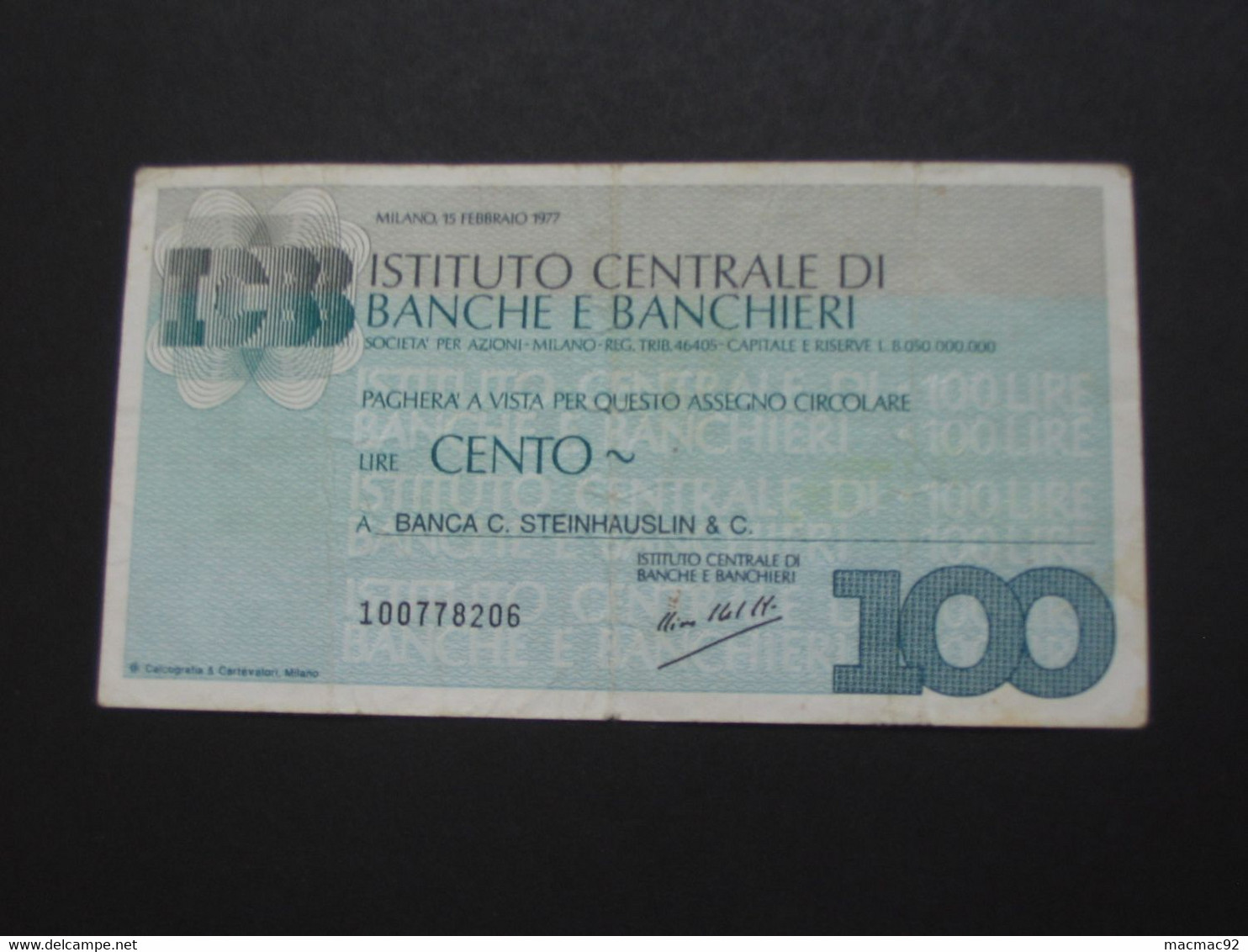 ITALIE - 100 Cento Lire - ICBB - Istiuto Centrale Di Banche E Banchieri   **** EN ACHAT IMMEDIAT **** - Otros & Sin Clasificación