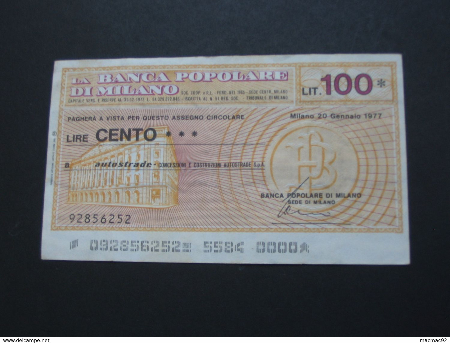 ITALIE - 100 Cento Lire - La Banca Popolare Di Milano  **** EN ACHAT IMMEDIAT **** - Other & Unclassified