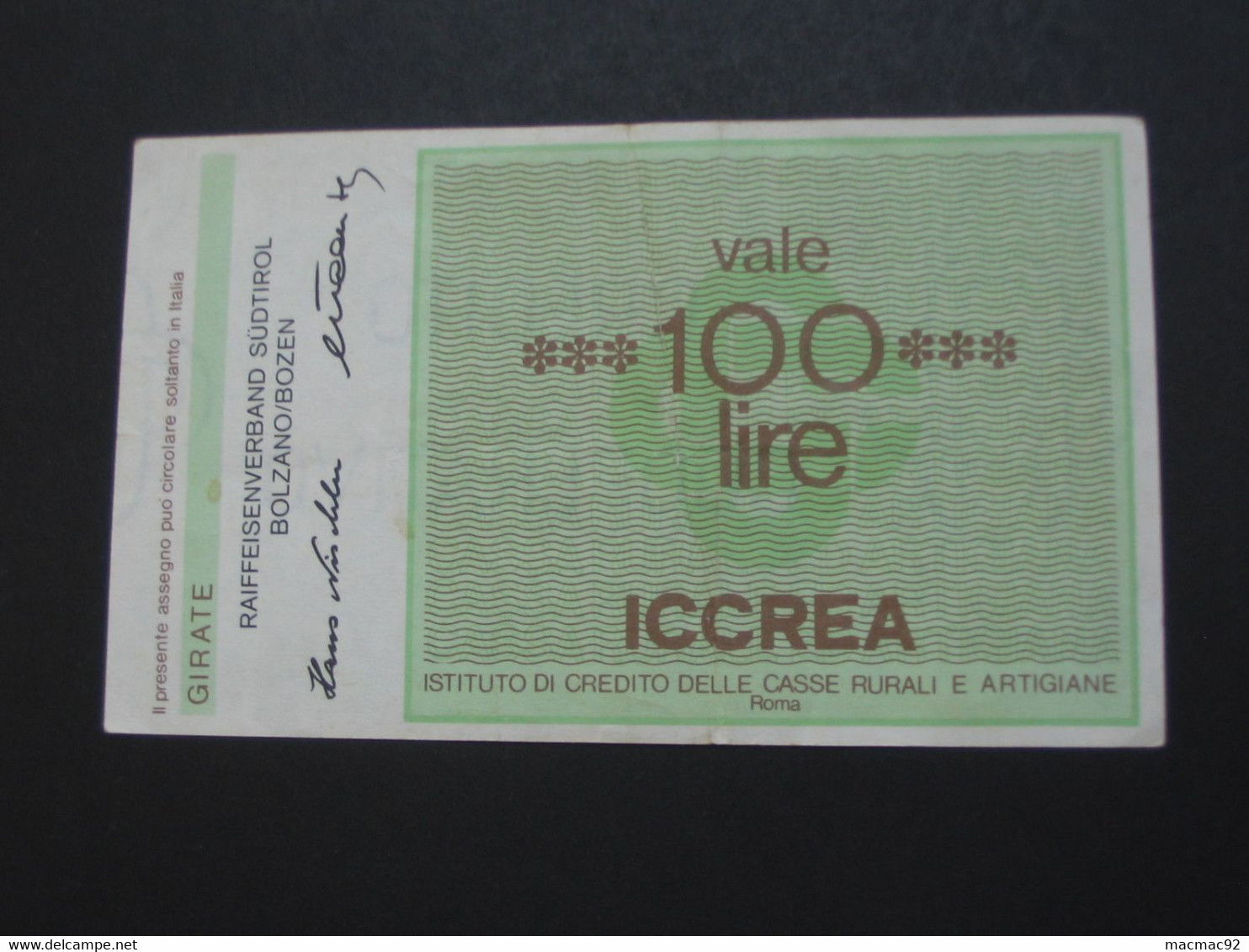 ITALIE - 100 Cento Lire - L'ICCREA - Spa Roma **** EN ACHAT IMMEDIAT **** - Autres & Non Classés