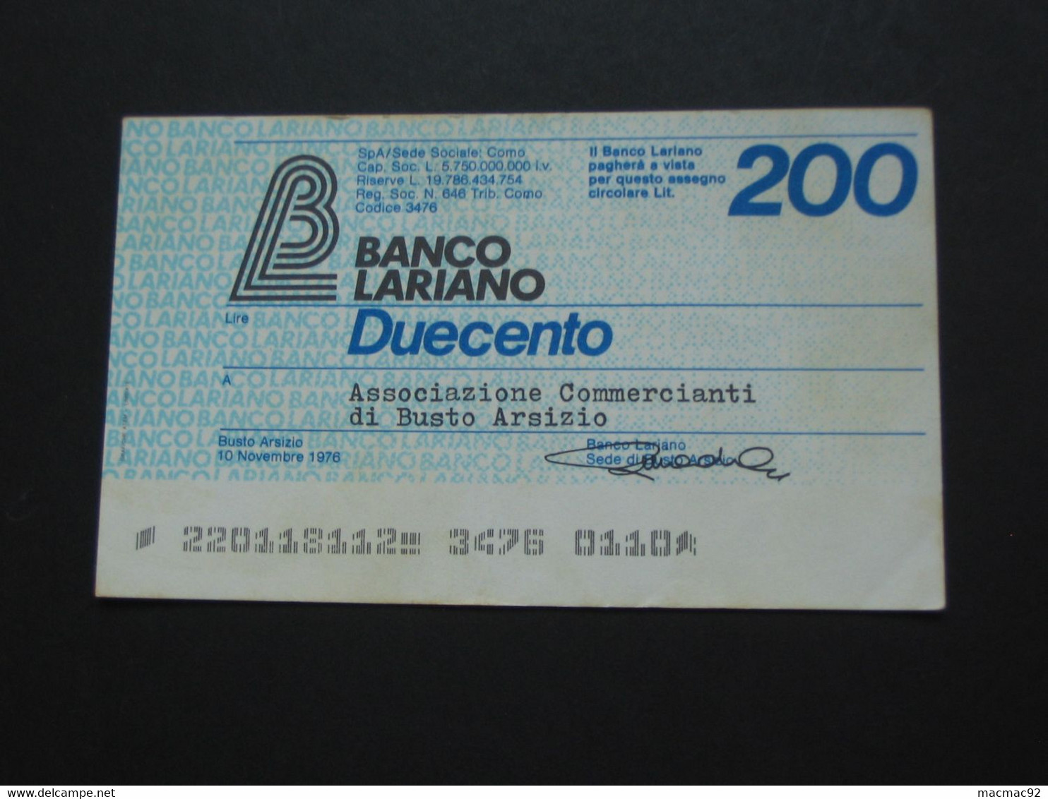 ITALIE - 200 Duecento Lire - BL Banco Lariano  **** EN ACHAT IMMEDIAT **** - Autres & Non Classés