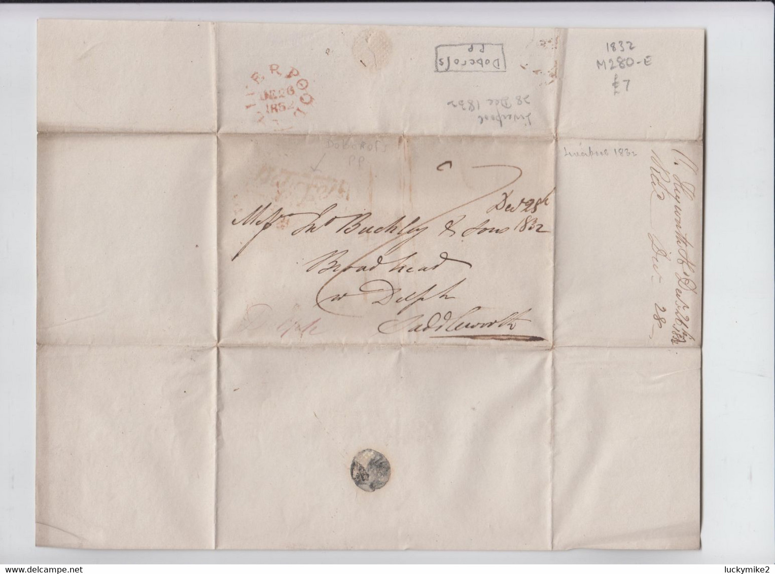 1832  letter to "Th's Buckley & Sons, Broadhead,".   Very poor, but rare 'Dobcrofs / P.P.'   0966   price adj 21/07/21