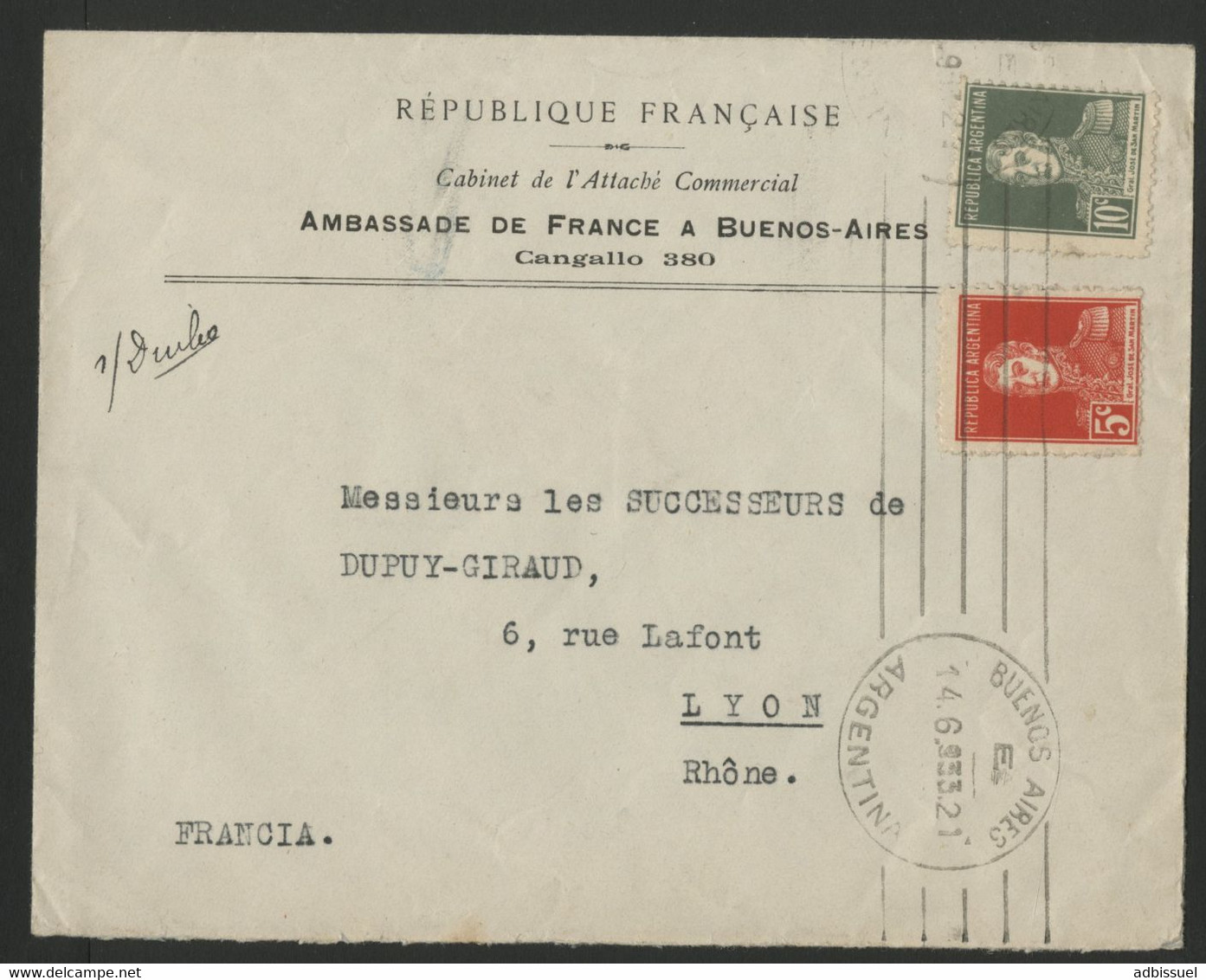 ARGENTINE Pli Par La Voie Maritime Pour Lyon En 1933 (voir Description) - Storia Postale