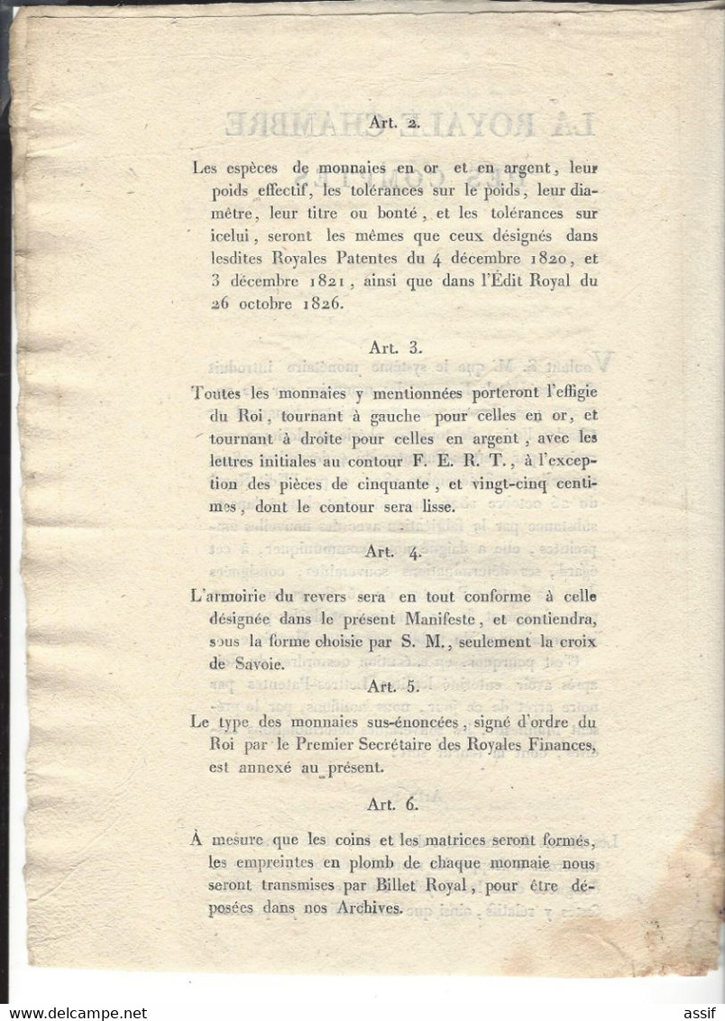 ( Royaume De Piémont - Sardaigne ) Monnaies Or Et Argent Turin Gênes Manifeste Royale Chambre Des Comptes 1831 - Documents Historiques