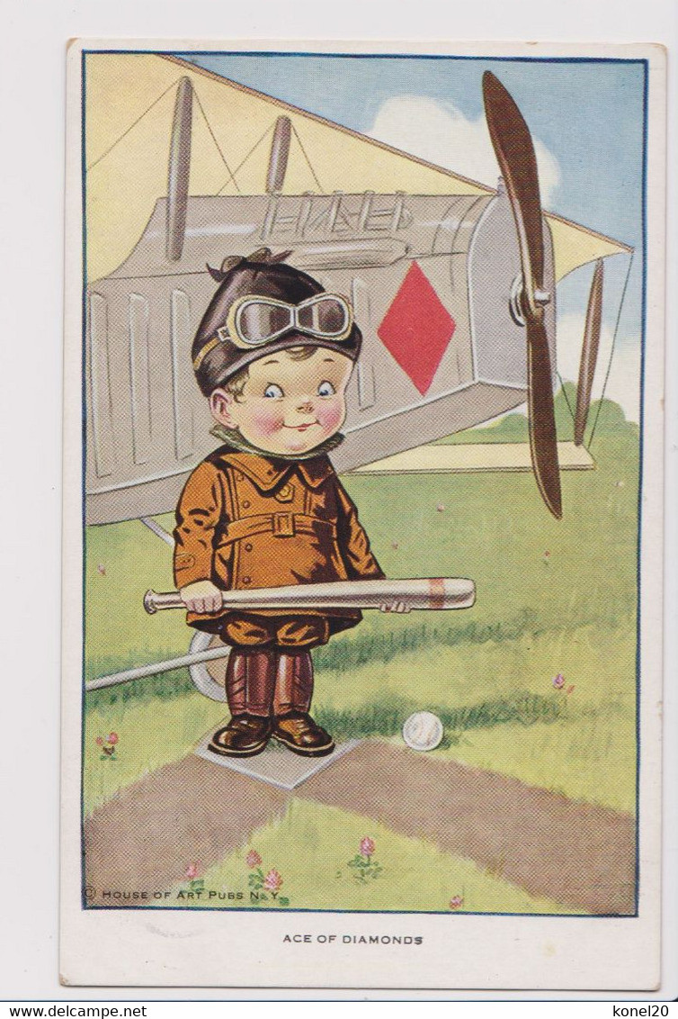 Vintage Pc Ace Of Diamonds Boy With Baseball And Aircraft Product Of House Of Art Pubs N.Y. Number 896 - 1919-1938: Entre Guerres