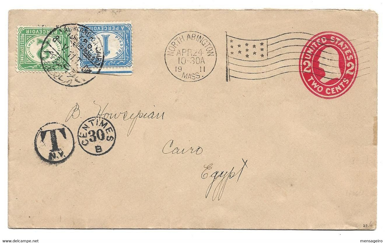 (C04) US COVER NORTH ABINGTON => CAIRO 1911 - TAXE Y&T N°15+17 - N.P.C. PD15+17 - ALEXANDRIA–CAIRO /T.P.O./FOREIGN MAIL - 1866-1914 Khedivaat Egypte