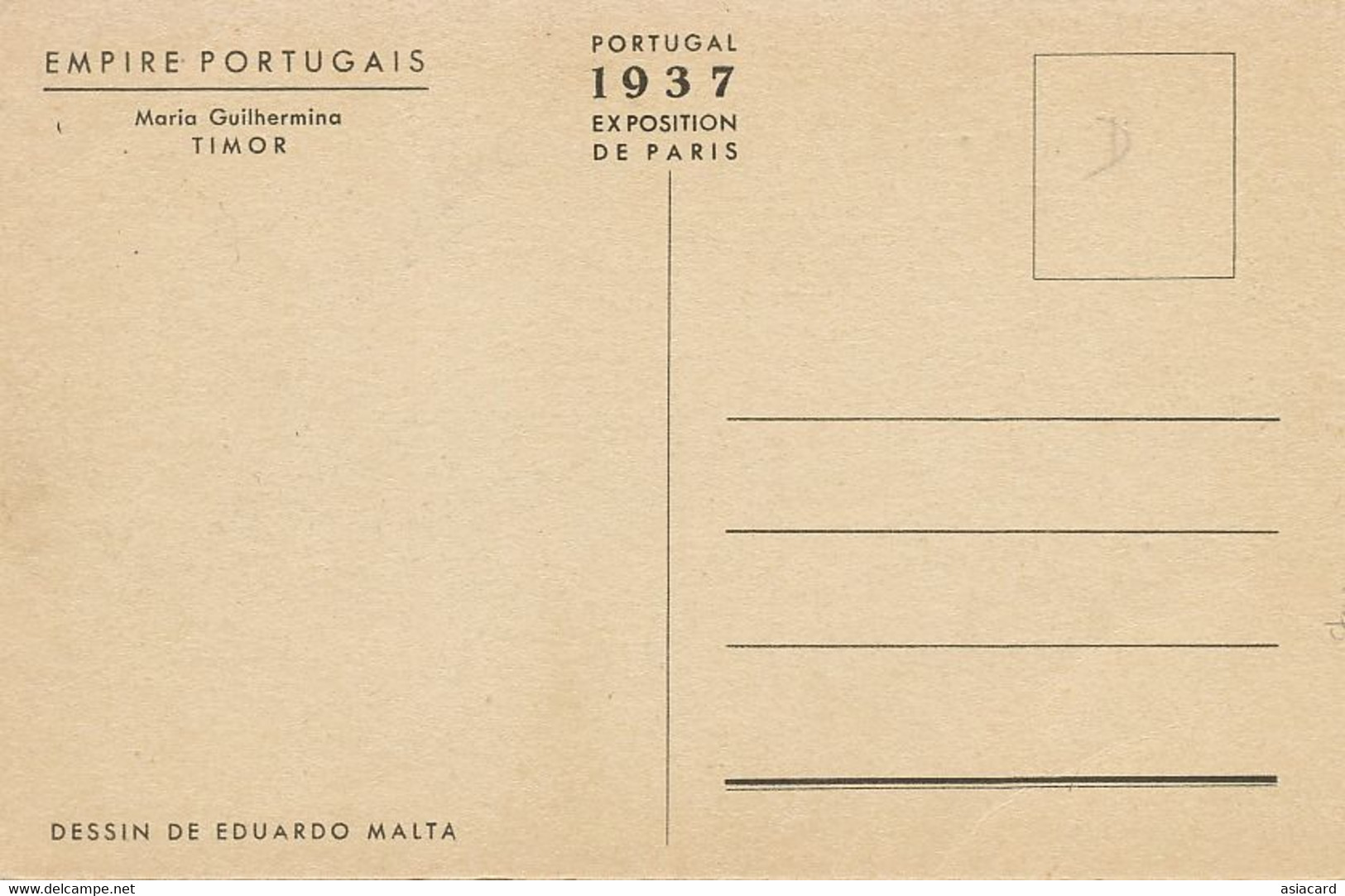 Timor Empire Portugais Expo Paris 1937 . Dessin Eduardo Malta. Belle Jeune Fille  Maria Guilhermina - Asia