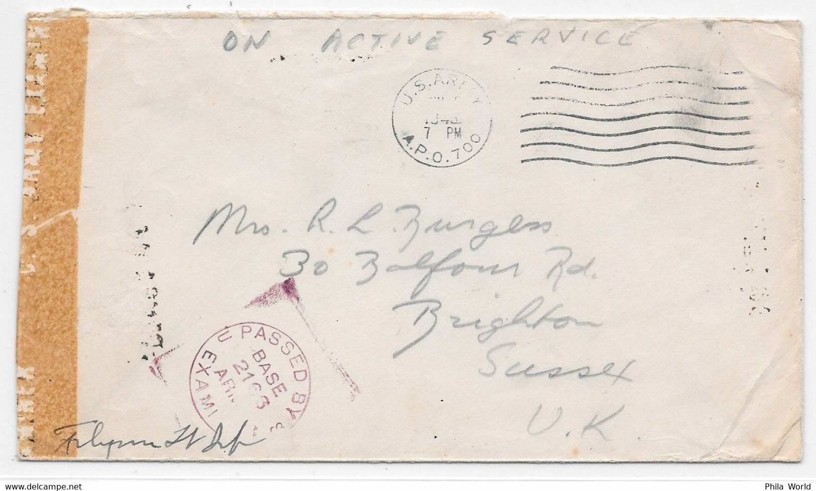 WW2 - 1943 - APO 700 ORAN ALGERIE US ARMY POSTAL OFFICE En FRANCHISE Sur Lettre CENSORED EXAMINER 2166 > SUSSEX - Guerre Mondiale (Seconde)