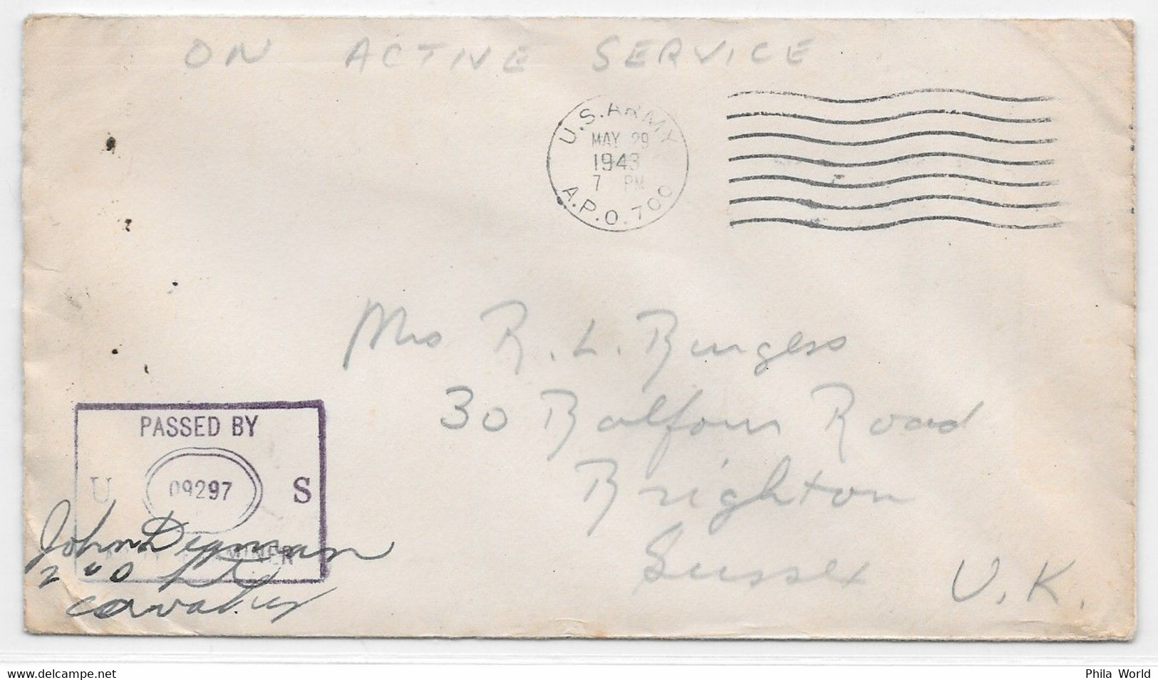WW2 - 1943 MAY 29 - APO 700 ORAN ALGERIE US ARMY POSTAL OFFICE En FRANCHISE Sur Lettre CENSORED EXAMINER 09297 > SUSSEX - WO2