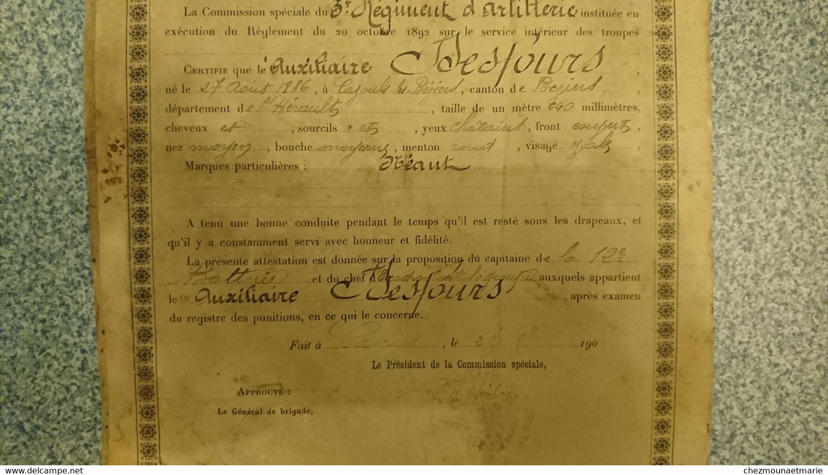 CASTRES - CERTIFICAT DE BONNE CONDUITE AUXILIAIRE DESFOURS 3 REGIMENT ARTILLERIE NE A CAZOULS EN 1886 - Documenti