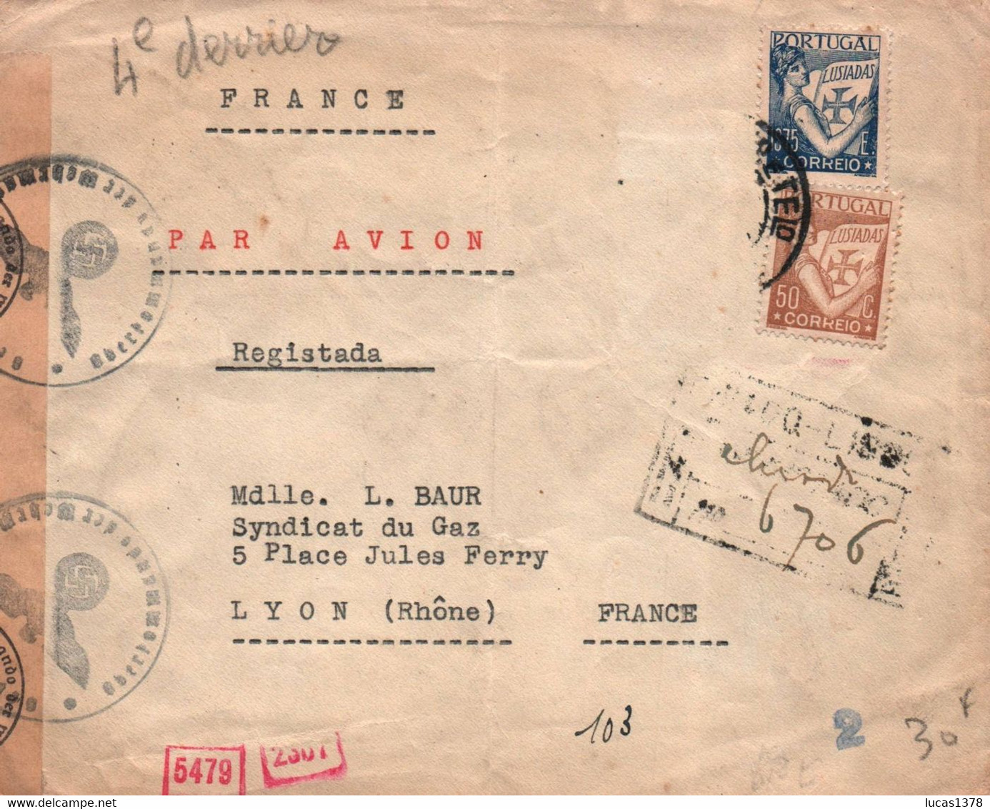 BELLE LETTRE RECOMMANDEE PORTUGAL / AVEC CENSURE   AVEC AIGLE NAZI  / 1942 / - Marcophilie