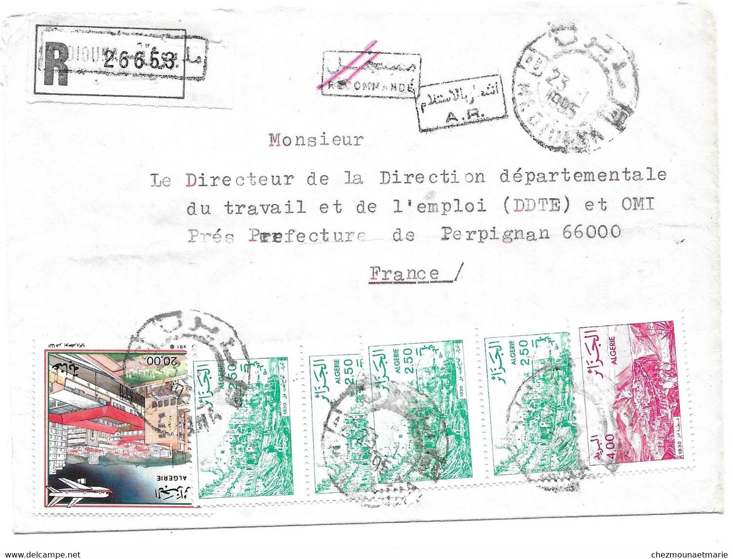 1995 MEDIOUNA (ALGERIE) REC 26653 AVEC AR POUR PERPIGNAN (66) SUR ENVELOPPE - Algeria (1962-...)