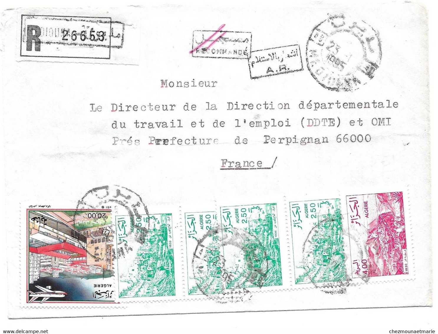 1995 MEDIOUNA (ALGERIE) REC 26653 AVEC AR POUR PERPIGNAN (66) SUR ENVELOPPE - Algérie (1962-...)