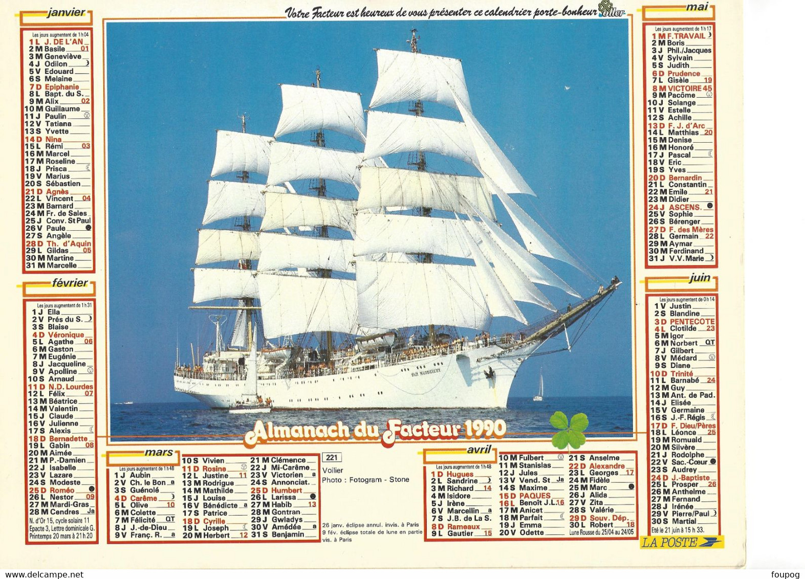 CALENDRIER DES POSTES 1990 ALMANACH DU FACTEUR ED OLLER VOILIER DARMLODZIZY - Grand Format : 1981-90