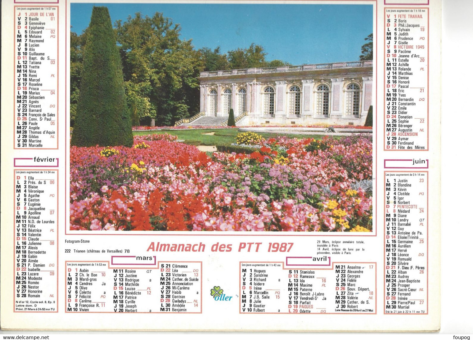 CALENDRIER DES POSTES 1987 ALMANACH DU FACTEUR ED OLLER VERSAILLES TRIANON RAMBOUILLET - Grand Format : 1981-90