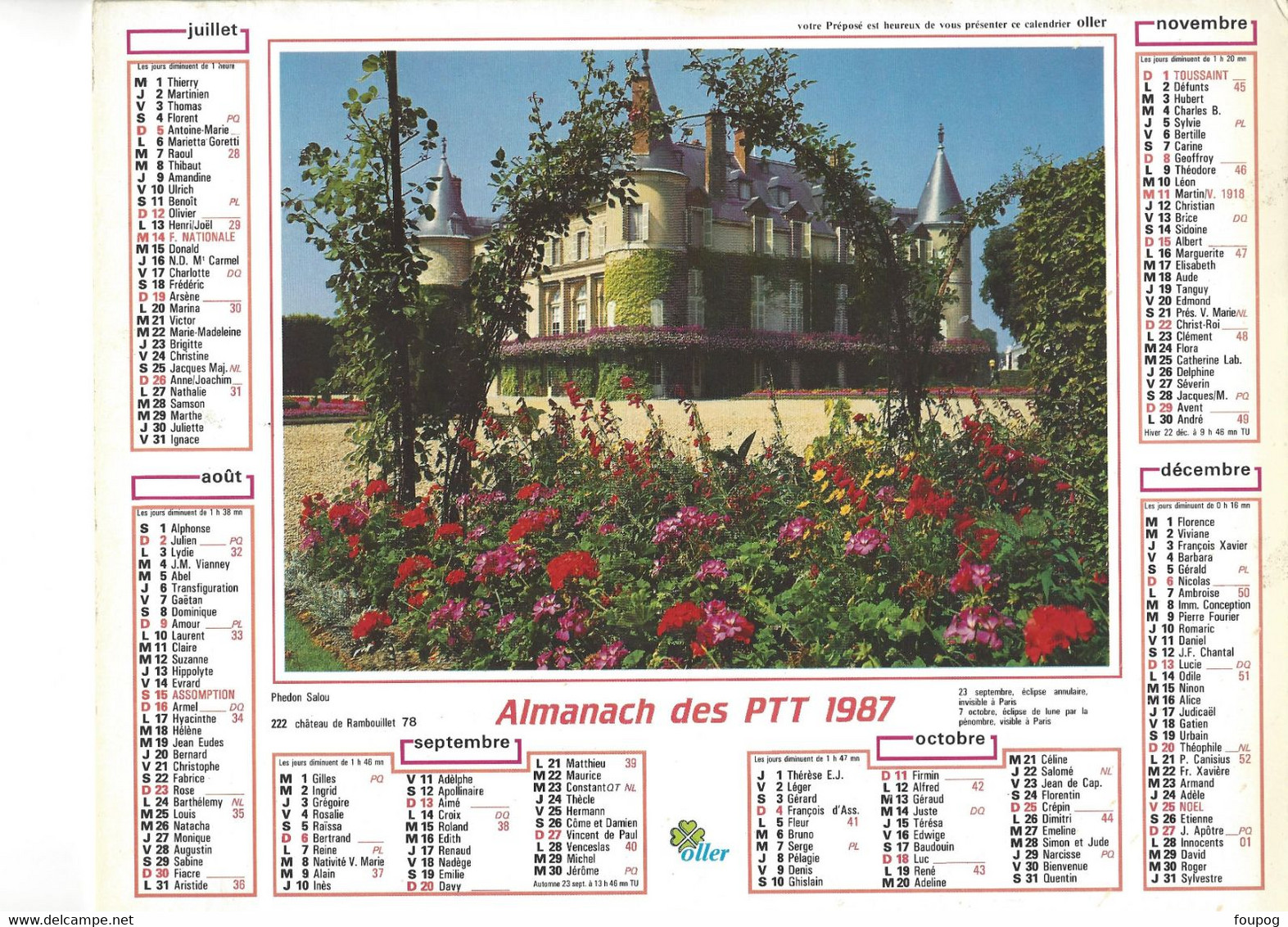 CALENDRIER DES POSTES 1987 ALMANACH DU FACTEUR ED OLLER VERSAILLES TRIANON RAMBOUILLET - Grand Format : 1981-90