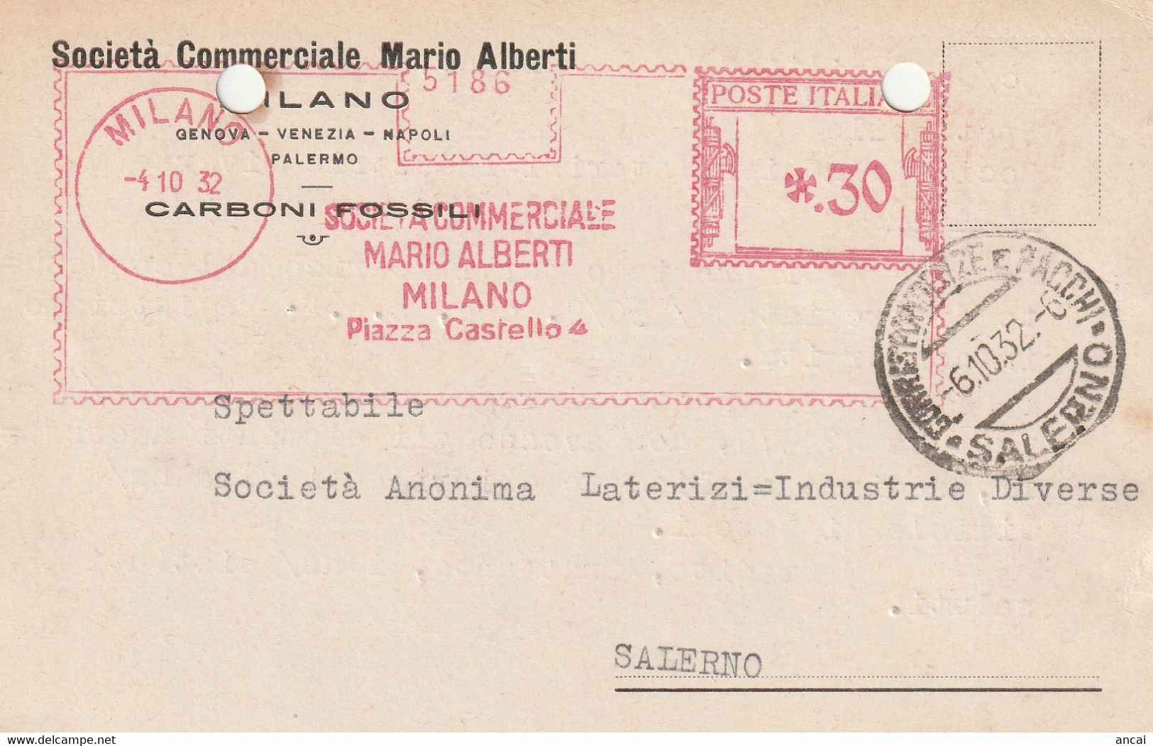 A25. Milano. 1932.  Affrancatura Meccanica Rossa SOCIETA' COMMERCIALE MARIO ALBERTI .30 - Franking Machines (EMA)